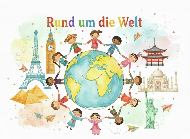 Kunstprojektwoche „Rund um die Welt“ an der GGS St. Hubert mit Kindern und globalen Landmarken.